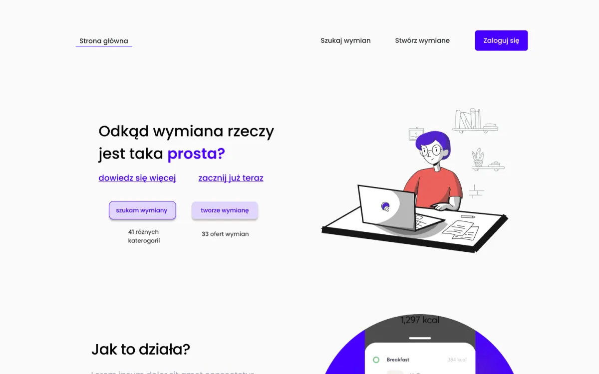 Strona główna portalu wymieniamy.com z wyszukiwarką i tworzeniem wymian